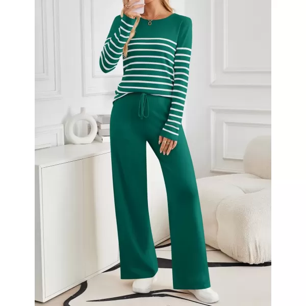 imageZESICA Womens 2 Piece Lounge Sets 2024 Fall Long Sleeve Striped Knit Fitted Tops Wide Leg Pants Pajama Sets OutfitsTeal