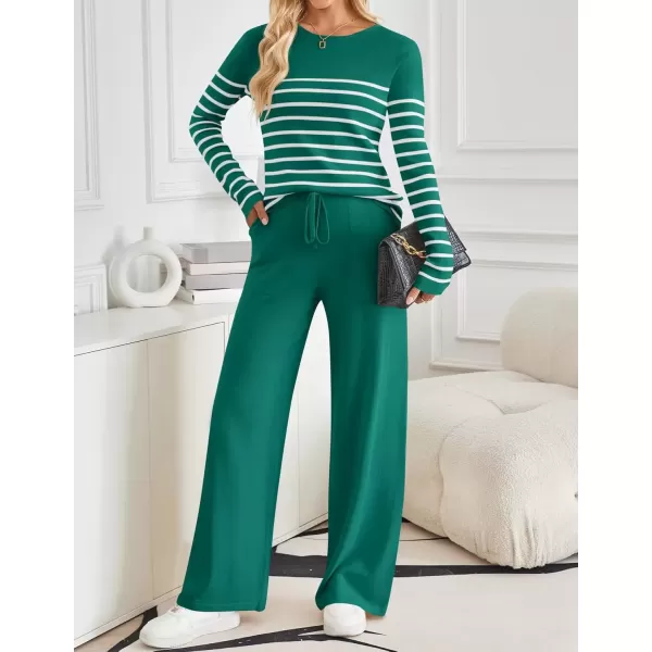 imageZESICA Womens 2 Piece Lounge Sets 2024 Fall Long Sleeve Striped Knit Fitted Tops Wide Leg Pants Pajama Sets OutfitsTeal
