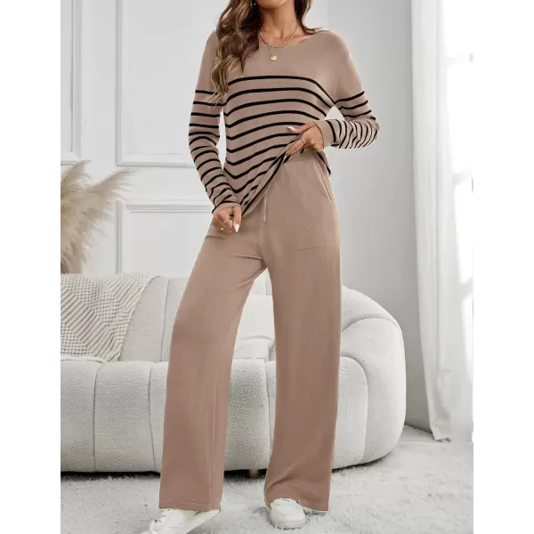imageZESICA Womens 2 Piece Lounge Sets 2024 Fall Long Sleeve Striped Knit Fitted Tops Wide Leg Pants Pajama Sets OutfitsToffee