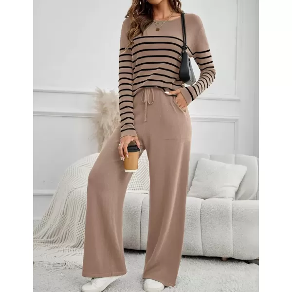 imageZESICA Womens 2 Piece Lounge Sets 2024 Fall Long Sleeve Striped Knit Fitted Tops Wide Leg Pants Pajama Sets OutfitsToffee