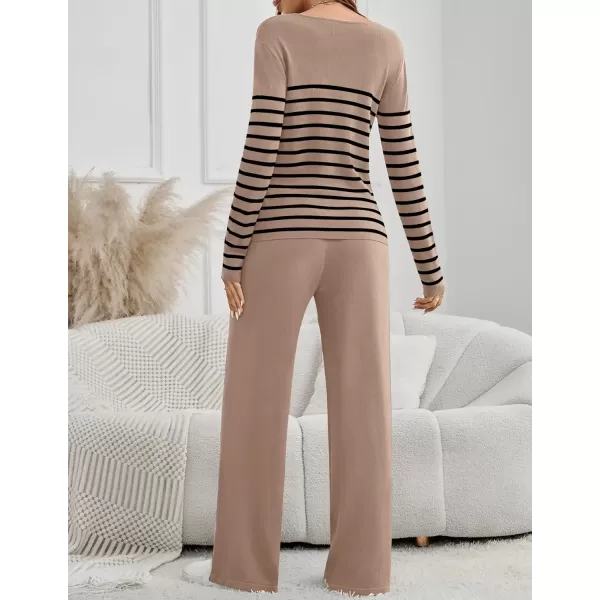 imageZESICA Womens 2 Piece Lounge Sets 2024 Fall Long Sleeve Striped Knit Fitted Tops Wide Leg Pants Pajama Sets OutfitsToffee