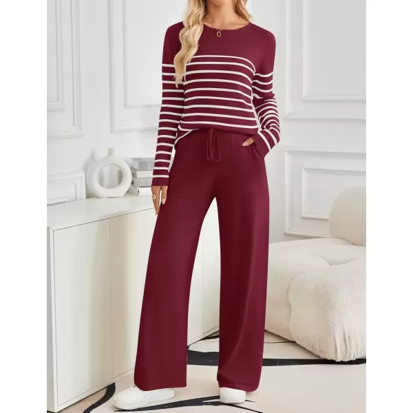 imageZESICA Womens 2 Piece Lounge Sets 2024 Fall Long Sleeve Striped Knit Fitted Tops Wide Leg Pants Pajama Sets OutfitsWine