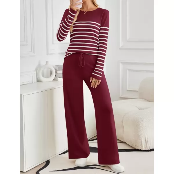 imageZESICA Womens 2 Piece Lounge Sets 2024 Fall Long Sleeve Striped Knit Fitted Tops Wide Leg Pants Pajama Sets OutfitsWine