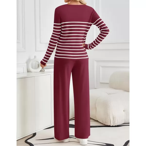 imageZESICA Womens 2 Piece Lounge Sets 2024 Fall Long Sleeve Striped Knit Fitted Tops Wide Leg Pants Pajama Sets OutfitsWine