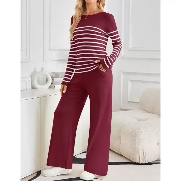 imageZESICA Womens 2 Piece Lounge Sets 2024 Fall Long Sleeve Striped Knit Fitted Tops Wide Leg Pants Pajama Sets OutfitsWine