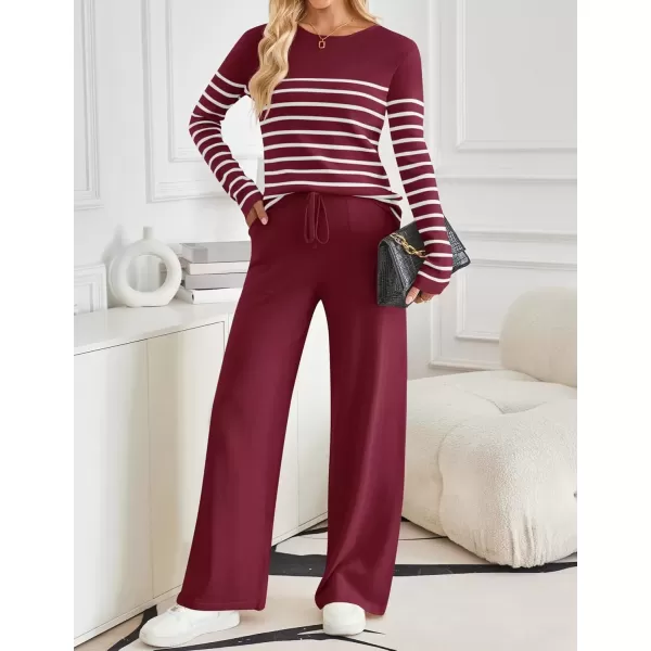 imageZESICA Womens 2 Piece Lounge Sets 2024 Fall Long Sleeve Striped Knit Fitted Tops Wide Leg Pants Pajama Sets OutfitsWine