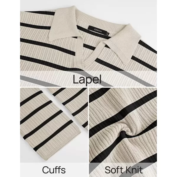 imageZESICA Womens 2 Piece Sets Fall Casual Striped Long Sleeve V Neck Knit Sweater Tops and Wide Leg Pants Lounge Matching SetApricot