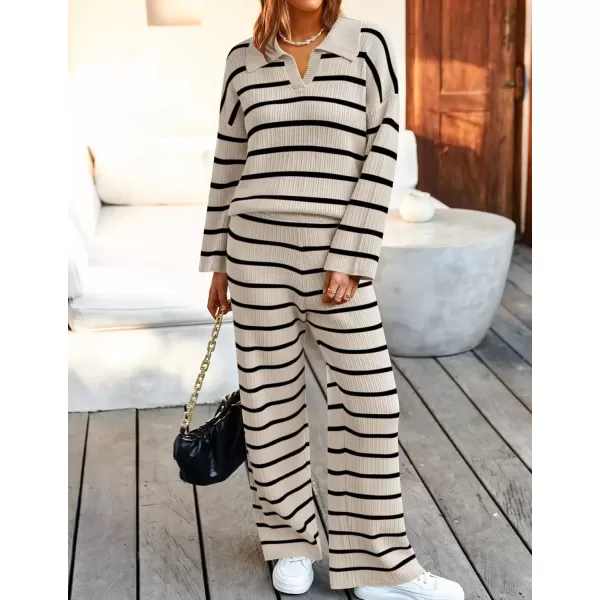 imageZESICA Womens 2 Piece Sets Fall Casual Striped Long Sleeve V Neck Knit Sweater Tops and Wide Leg Pants Lounge Matching SetApricot