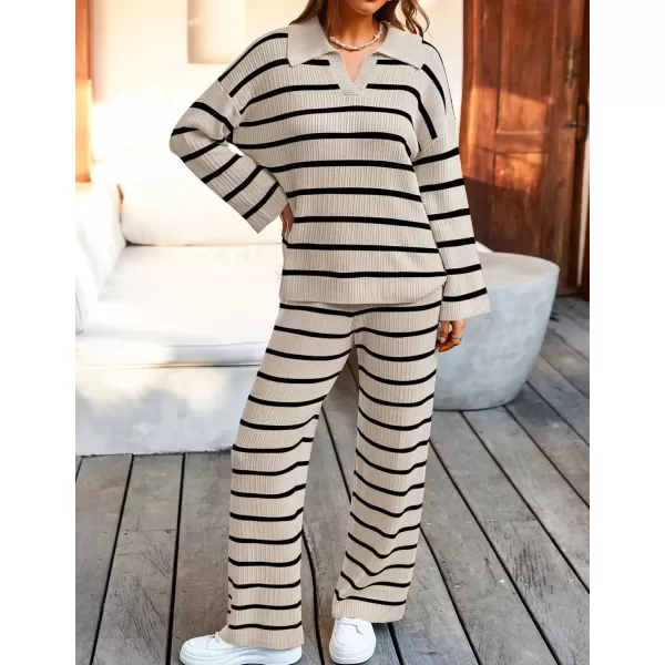 imageZESICA Womens 2 Piece Sets Fall Casual Striped Long Sleeve V Neck Knit Sweater Tops and Wide Leg Pants Lounge Matching SetApricot