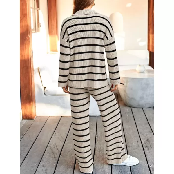 imageZESICA Womens 2 Piece Sets Fall Casual Striped Long Sleeve V Neck Knit Sweater Tops and Wide Leg Pants Lounge Matching SetApricot
