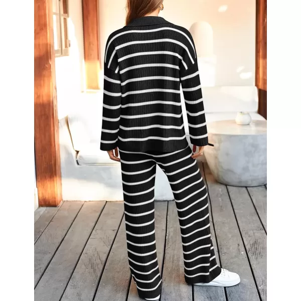 imageZESICA Womens 2 Piece Sets Fall Casual Striped Long Sleeve V Neck Knit Sweater Tops and Wide Leg Pants Lounge Matching SetBlack