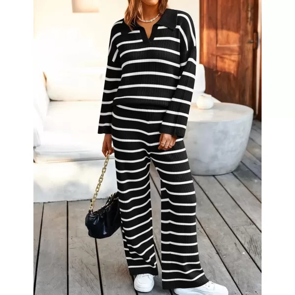 imageZESICA Womens 2 Piece Sets Fall Casual Striped Long Sleeve V Neck Knit Sweater Tops and Wide Leg Pants Lounge Matching SetBlack