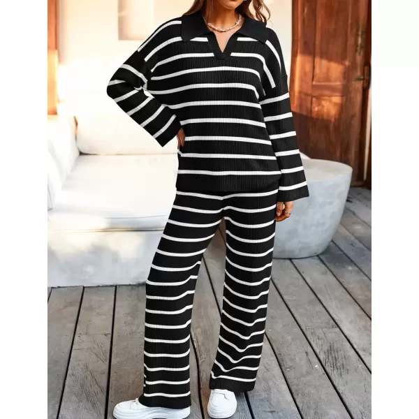 imageZESICA Womens 2 Piece Sets Fall Casual Striped Long Sleeve V Neck Knit Sweater Tops and Wide Leg Pants Lounge Matching SetBlack