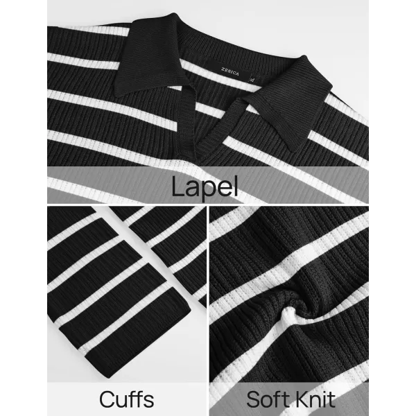 imageZESICA Womens 2 Piece Sets Fall Casual Striped Long Sleeve V Neck Knit Sweater Tops and Wide Leg Pants Lounge Matching SetBlack