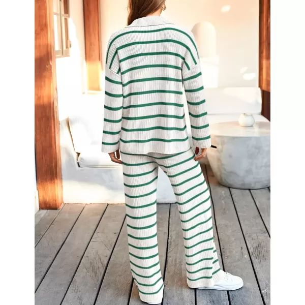 imageZESICA Womens 2 Piece Sets Fall Casual Striped Long Sleeve V Neck Knit Sweater Tops and Wide Leg Pants Lounge Matching SetGreen