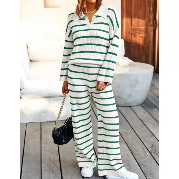 imageZESICA Womens 2 Piece Sets Fall Casual Striped Long Sleeve V Neck Knit Sweater Tops and Wide Leg Pants Lounge Matching SetGreen