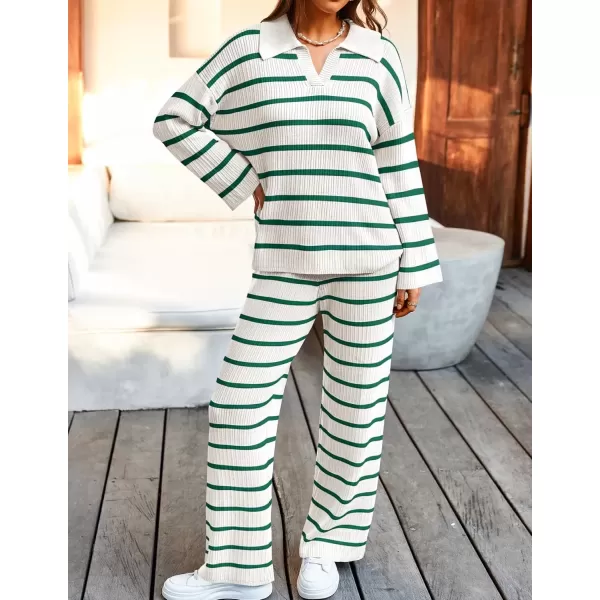 imageZESICA Womens 2 Piece Sets Fall Casual Striped Long Sleeve V Neck Knit Sweater Tops and Wide Leg Pants Lounge Matching SetGreen