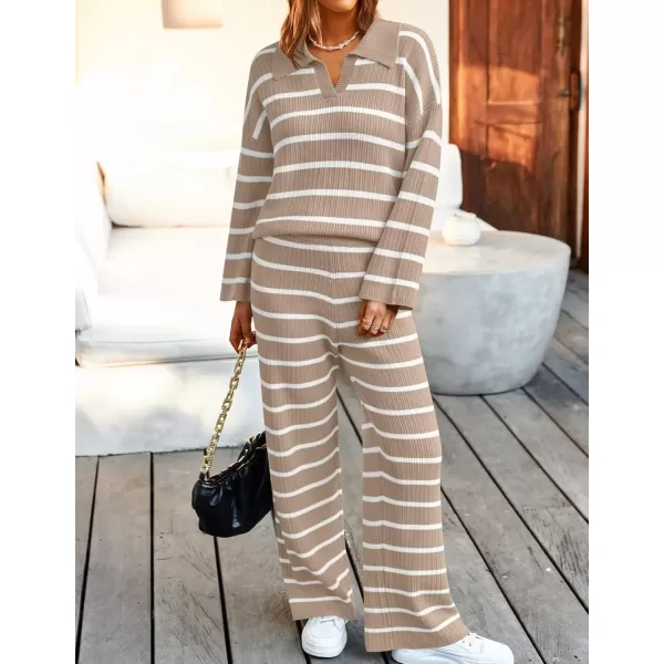 imageZESICA Womens 2 Piece Sets Fall Casual Striped Long Sleeve V Neck Knit Sweater Tops and Wide Leg Pants Lounge Matching SetKhaki