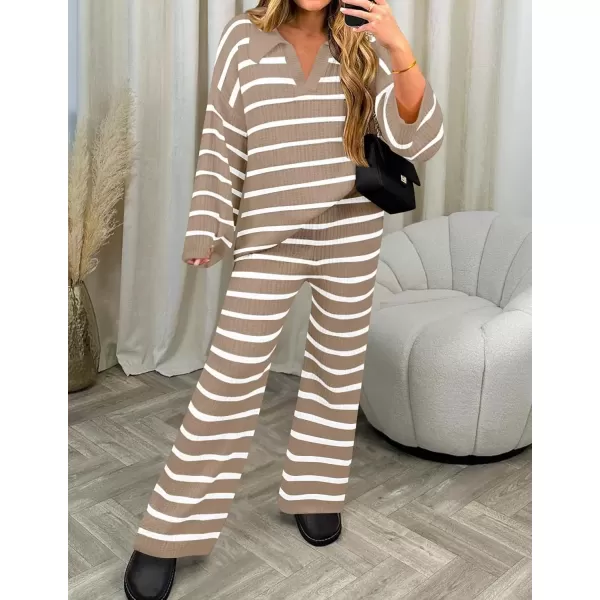 imageZESICA Womens 2 Piece Sets Fall Casual Striped Long Sleeve V Neck Knit Sweater Tops and Wide Leg Pants Lounge Matching SetKhaki
