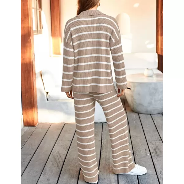imageZESICA Womens 2 Piece Sets Fall Casual Striped Long Sleeve V Neck Knit Sweater Tops and Wide Leg Pants Lounge Matching SetKhaki