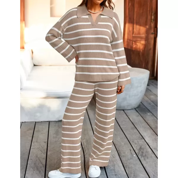 imageZESICA Womens 2 Piece Sets Fall Casual Striped Long Sleeve V Neck Knit Sweater Tops and Wide Leg Pants Lounge Matching SetKhaki