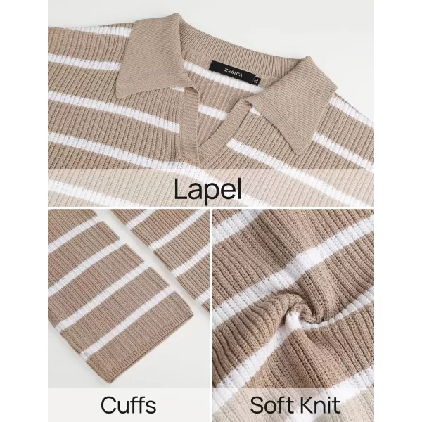 imageZESICA Womens 2 Piece Sets Fall Casual Striped Long Sleeve V Neck Knit Sweater Tops and Wide Leg Pants Lounge Matching SetKhaki