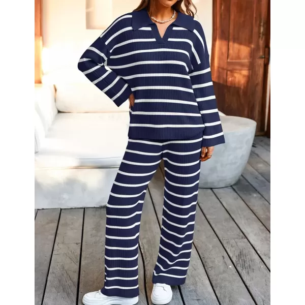 imageZESICA Womens 2 Piece Sets Fall Casual Striped Long Sleeve V Neck Knit Sweater Tops and Wide Leg Pants Lounge Matching SetNavy