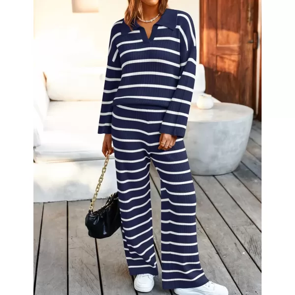 imageZESICA Womens 2 Piece Sets Fall Casual Striped Long Sleeve V Neck Knit Sweater Tops and Wide Leg Pants Lounge Matching SetNavy
