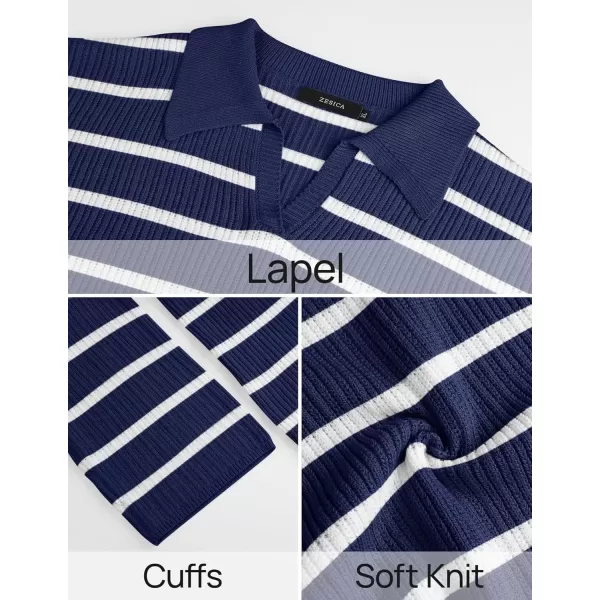 imageZESICA Womens 2 Piece Sets Fall Casual Striped Long Sleeve V Neck Knit Sweater Tops and Wide Leg Pants Lounge Matching SetNavy