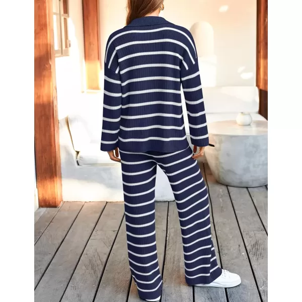 imageZESICA Womens 2 Piece Sets Fall Casual Striped Long Sleeve V Neck Knit Sweater Tops and Wide Leg Pants Lounge Matching SetNavy