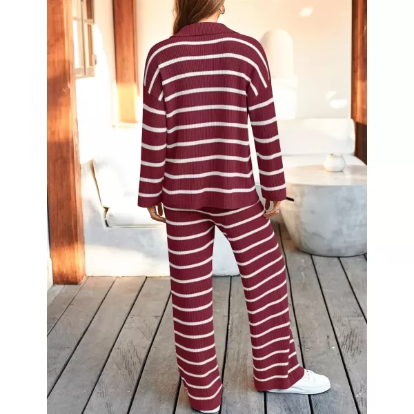 imageZESICA Womens 2 Piece Sets Fall Casual Striped Long Sleeve V Neck Knit Sweater Tops and Wide Leg Pants Lounge Matching SetRed