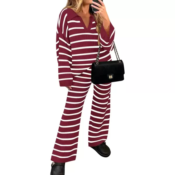 imageZESICA Womens 2 Piece Sets Fall Casual Striped Long Sleeve V Neck Knit Sweater Tops and Wide Leg Pants Lounge Matching SetRed