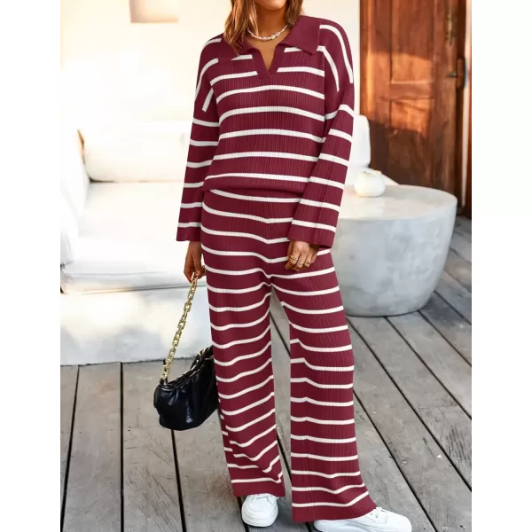 imageZESICA Womens 2 Piece Sets Fall Casual Striped Long Sleeve V Neck Knit Sweater Tops and Wide Leg Pants Lounge Matching SetRed