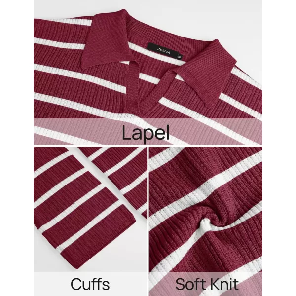 imageZESICA Womens 2 Piece Sets Fall Casual Striped Long Sleeve V Neck Knit Sweater Tops and Wide Leg Pants Lounge Matching SetRed