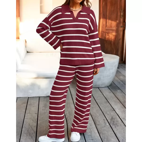 imageZESICA Womens 2 Piece Sets Fall Casual Striped Long Sleeve V Neck Knit Sweater Tops and Wide Leg Pants Lounge Matching SetRed