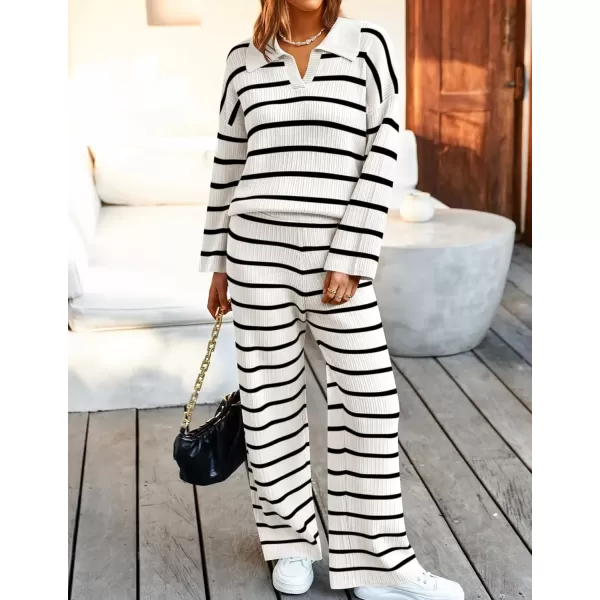 imageZESICA Womens 2 Piece Sets Fall Casual Striped Long Sleeve V Neck Knit Sweater Tops and Wide Leg Pants Lounge Matching SetWhite