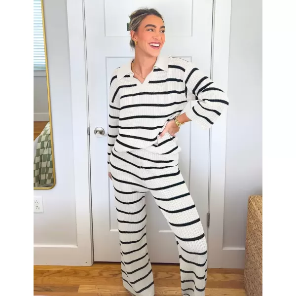 imageZESICA Womens 2 Piece Sets Fall Casual Striped Long Sleeve V Neck Knit Sweater Tops and Wide Leg Pants Lounge Matching SetWhite