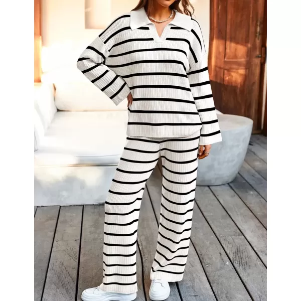 imageZESICA Womens 2 Piece Sets Fall Casual Striped Long Sleeve V Neck Knit Sweater Tops and Wide Leg Pants Lounge Matching SetWhite