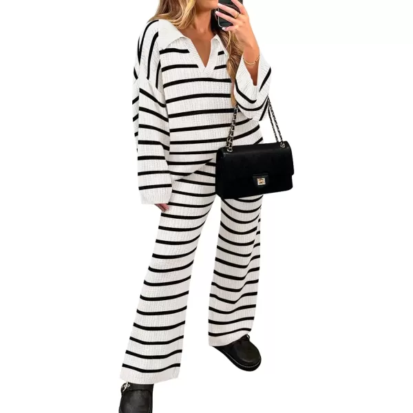 imageZESICA Womens 2 Piece Sets Fall Casual Striped Long Sleeve V Neck Knit Sweater Tops and Wide Leg Pants Lounge Matching SetWhite
