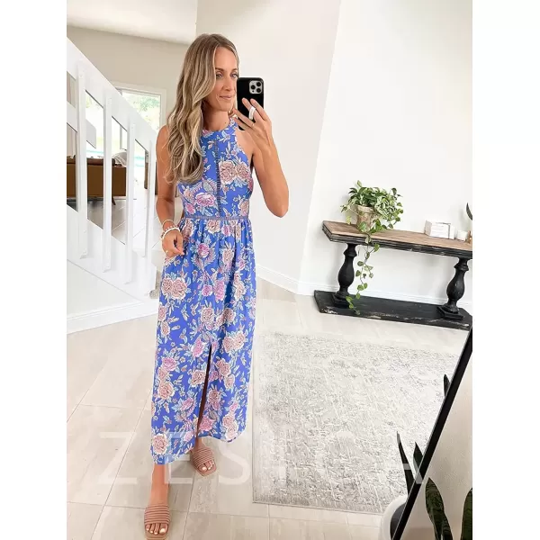 imageZESICA Womens 2024 Summer Halter Neck Floral Print Backless Split Beach Party Maxi DressBluishviolet