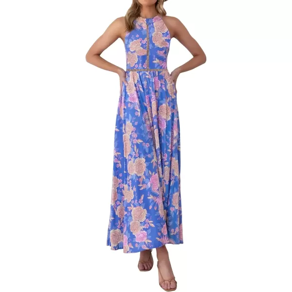 imageZESICA Womens 2024 Summer Halter Neck Floral Print Backless Split Beach Party Maxi DressBluishviolet