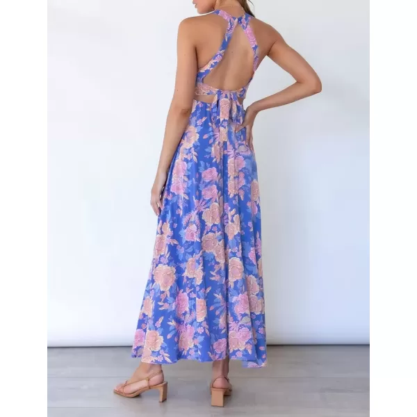 imageZESICA Womens 2024 Summer Halter Neck Floral Print Backless Split Beach Party Maxi DressBluishviolet