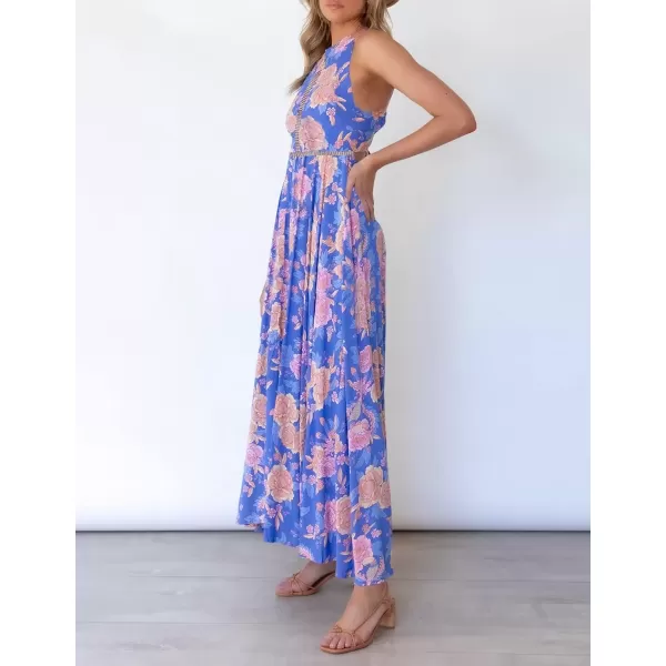 imageZESICA Womens 2024 Summer Halter Neck Floral Print Backless Split Beach Party Maxi DressBluishviolet
