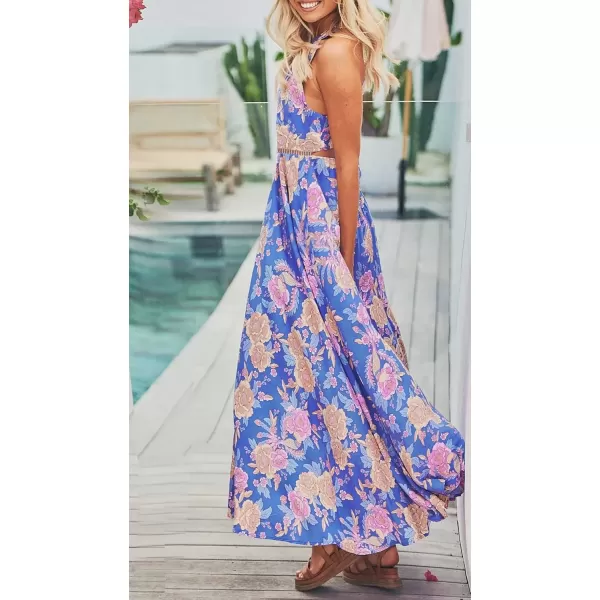 imageZESICA Womens 2024 Summer Halter Neck Floral Print Backless Split Beach Party Maxi DressBluishviolet