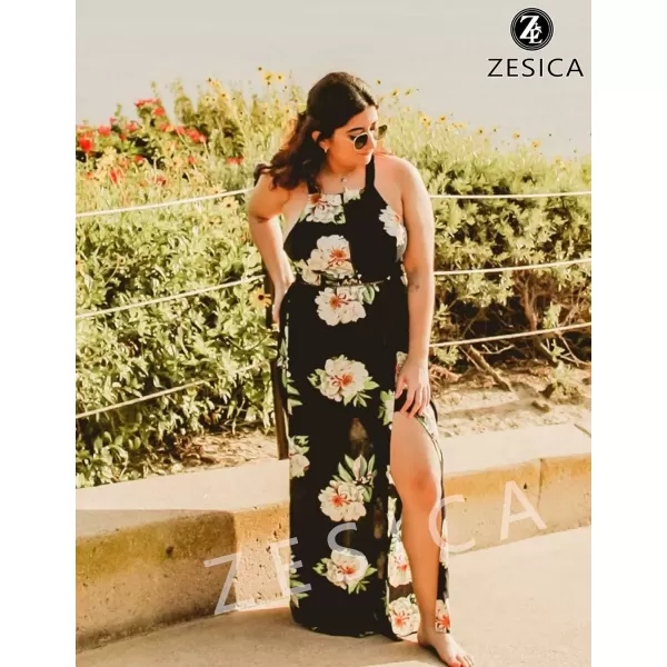 imageZESICA Womens 2024 Summer Halter Neck Floral Print Backless Split Beach Party Maxi DressDark Blue