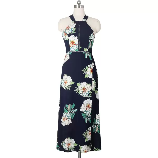 imageZESICA Womens 2024 Summer Halter Neck Floral Print Backless Split Beach Party Maxi DressDark Blue