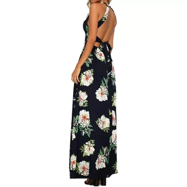 imageZESICA Womens 2024 Summer Halter Neck Floral Print Backless Split Beach Party Maxi DressDark Blue