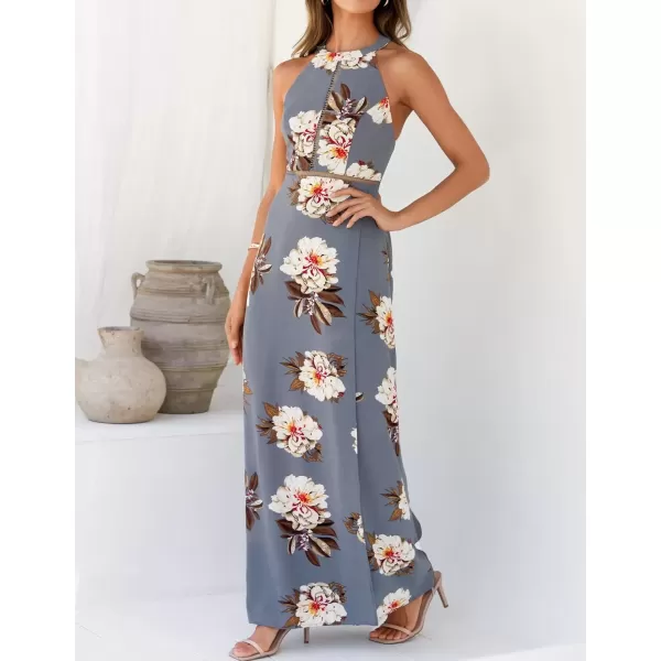 imageZESICA Womens 2024 Summer Halter Neck Floral Print Backless Split Beach Party Maxi DressGrey