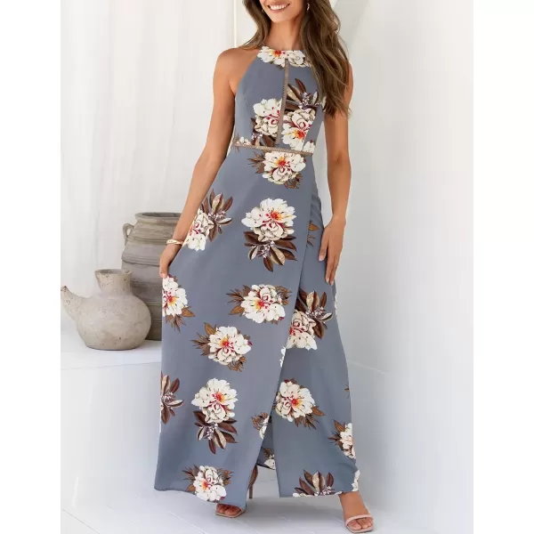 imageZESICA Womens 2024 Summer Halter Neck Floral Print Backless Split Beach Party Maxi DressGrey