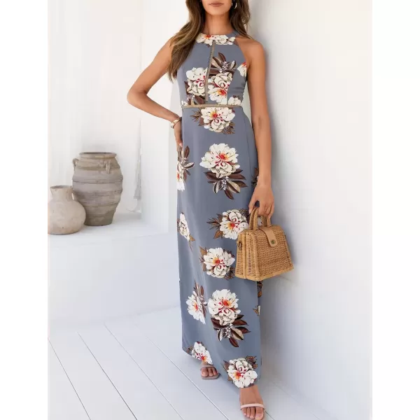 imageZESICA Womens 2024 Summer Halter Neck Floral Print Backless Split Beach Party Maxi DressGrey